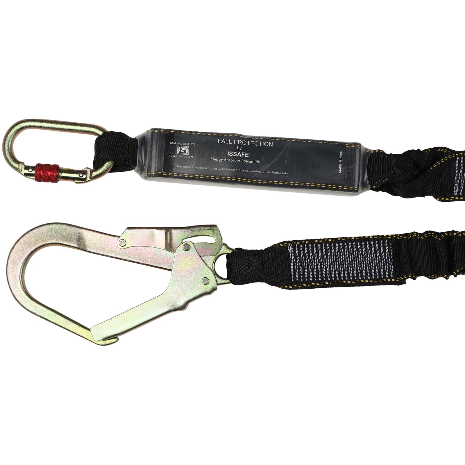 Shock Absorbing Lanyard with Energy Absorber and One Side Carabiner and Scarrolding Hook on the Other - Image 2